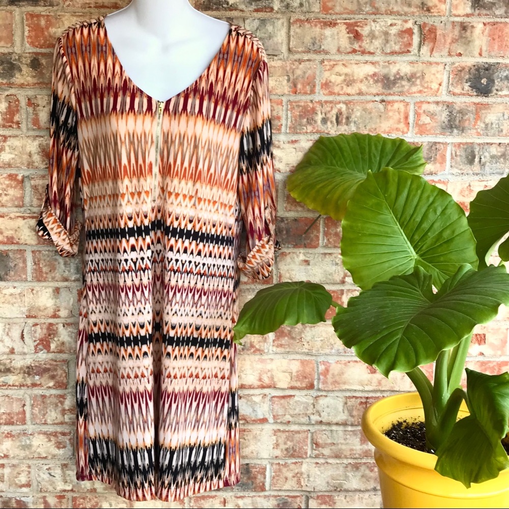 {TACERA} 3/4 Sleeve Ikat abstract Dress -Med